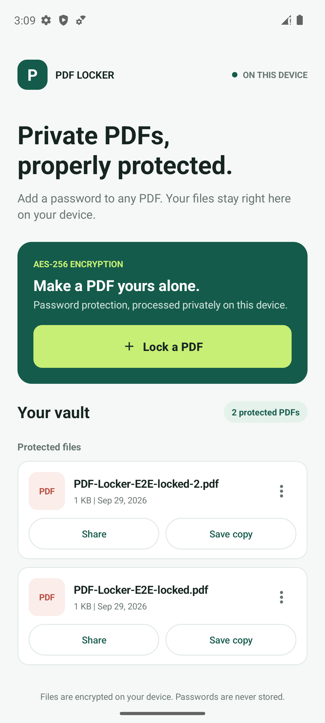 PDF Locker app showing its private protected PDF vault